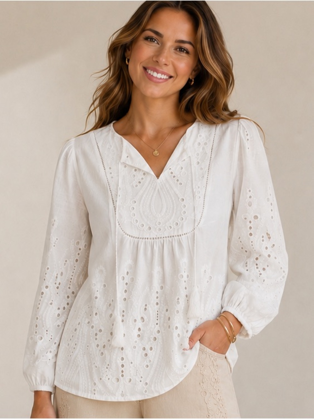 Adiva White Eyelet Embroidered Boho Peasant Blouse 100% Cotton Size Medium